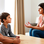 **A family counseling session:** A counselor is empathetically listening to a family (parents and children) in a brightly lit room. The atmosphere is calm and supportive, with visual cues suggesting a safe space for sharing feelings.